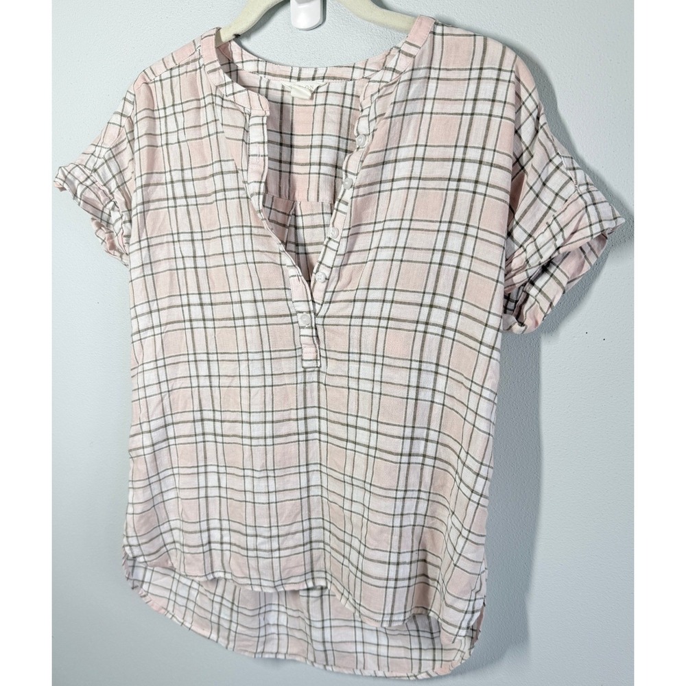 Caslon Linen Blend Top XXS Pink Plaid Henley V-Neck Coastal Grandma Breathable